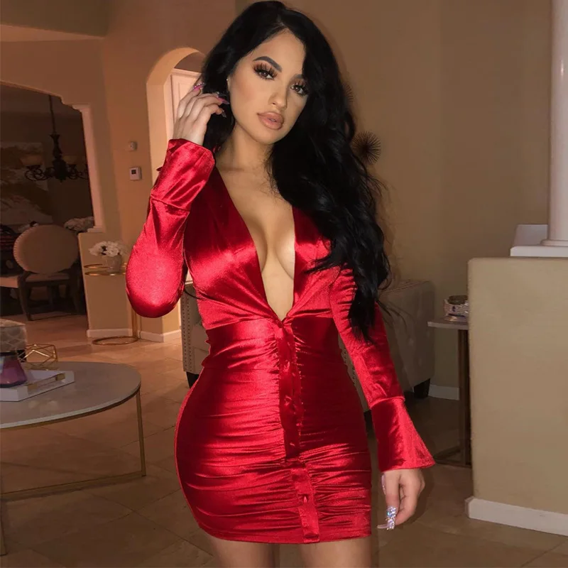 

New Casual Womens Sexy Deep V Neck Bandage Long Sleeve Party Bodycon Mini dresses