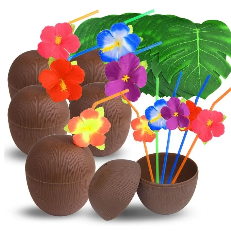 

Hawaii Party Cup Beach Events Plastic Coconut Cups with Flamingo Straws, Brown