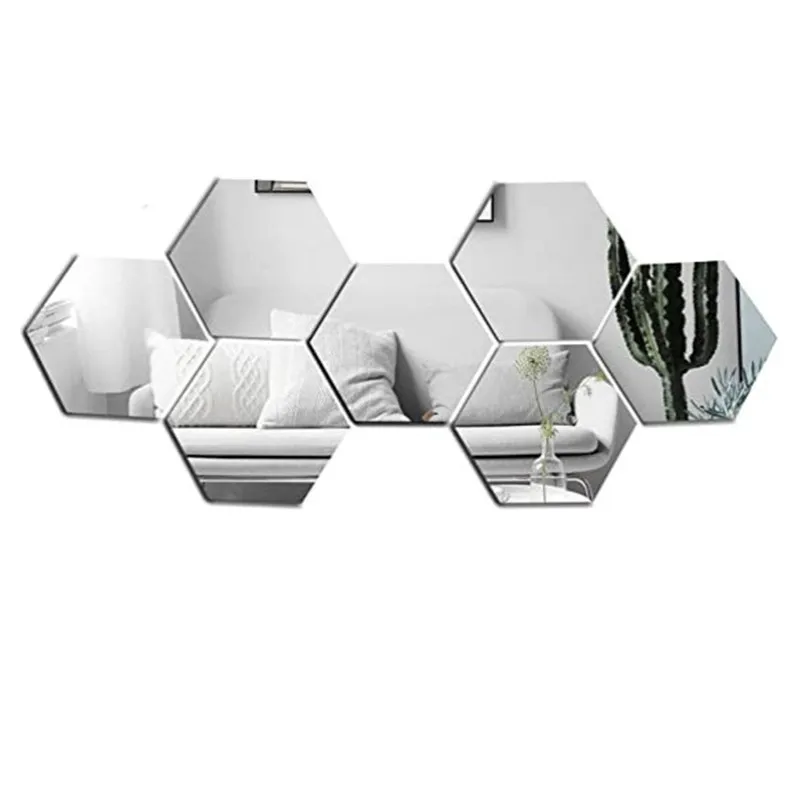 

3D Acrylic Mirror Wall Sticker Hexagon Mirror Decal Sticker Art Wall Decorative Mirror Effect for Home Living Room Decoration, Silver