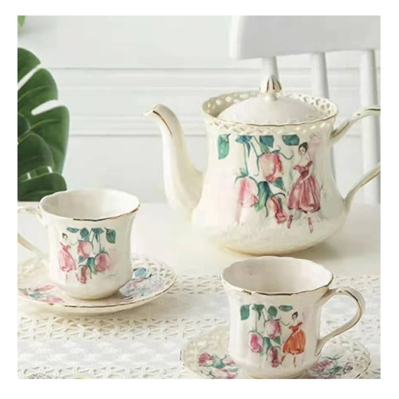 

QIAN HU Retro English Style Ceramic Teapot Designer Coffee Tea Pot and Cup Set Home Decor for Afternoon Tea, White