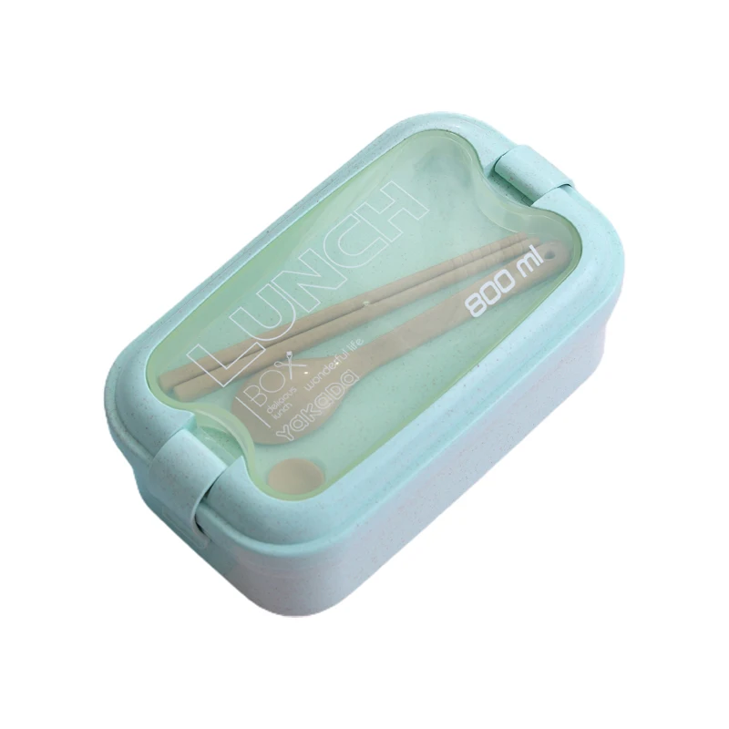 

800ml Single Layer Food Container Eco-friendly Natural Wheat Straw Locked Boite Bento Box with Cutlery Tiffin Lunch Box, Green/pink/beige