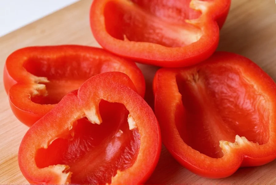 Sliced Red Pepper III bell peppers showing thick walls and vibrant red interior on a cutting board
