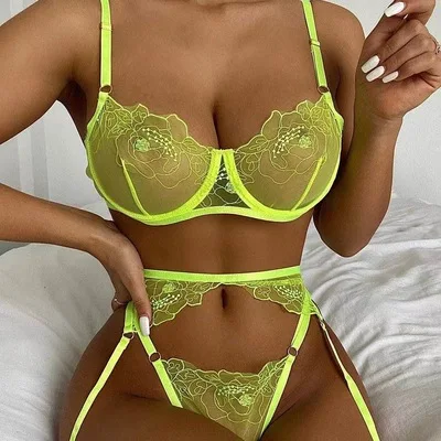 

F41262A hot fashion Summer three-point see-through embroidery mesh ladies lace lingerie sets womens women lingerie 2021, As picture
