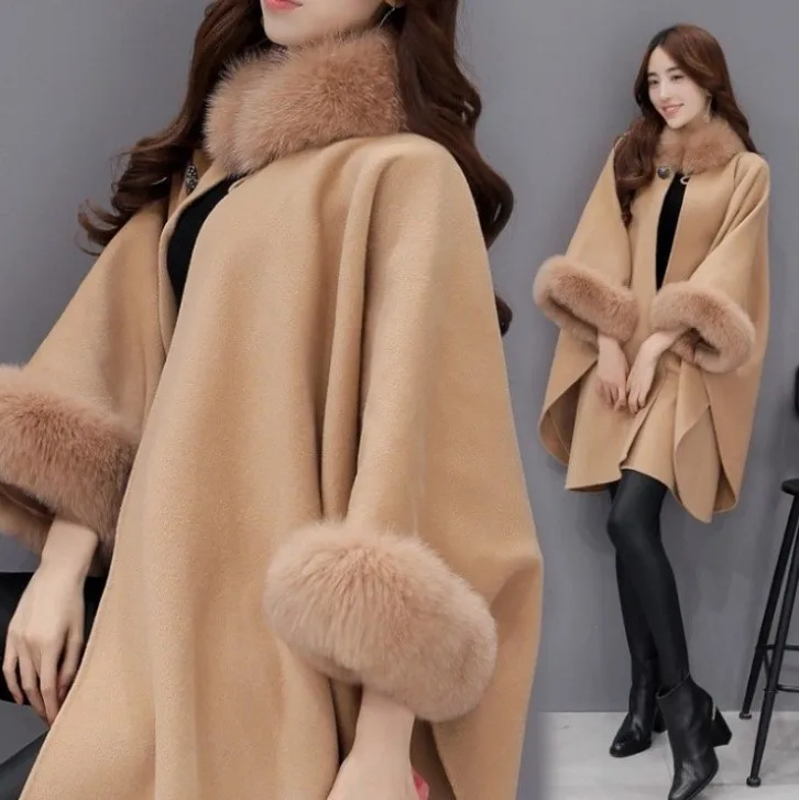 

hb11163a autumn and winter Korean fox collar long woolen overcoat fancy women's cape coat, Grey, black, camel