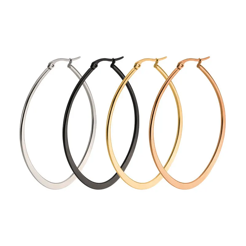 

Hot Stainless Steel simple rose gold wire hoop earrings Trendy Oval Flattened Hoop Earrings for women Wedding party jewelry, Silver, black, gold,rose gld