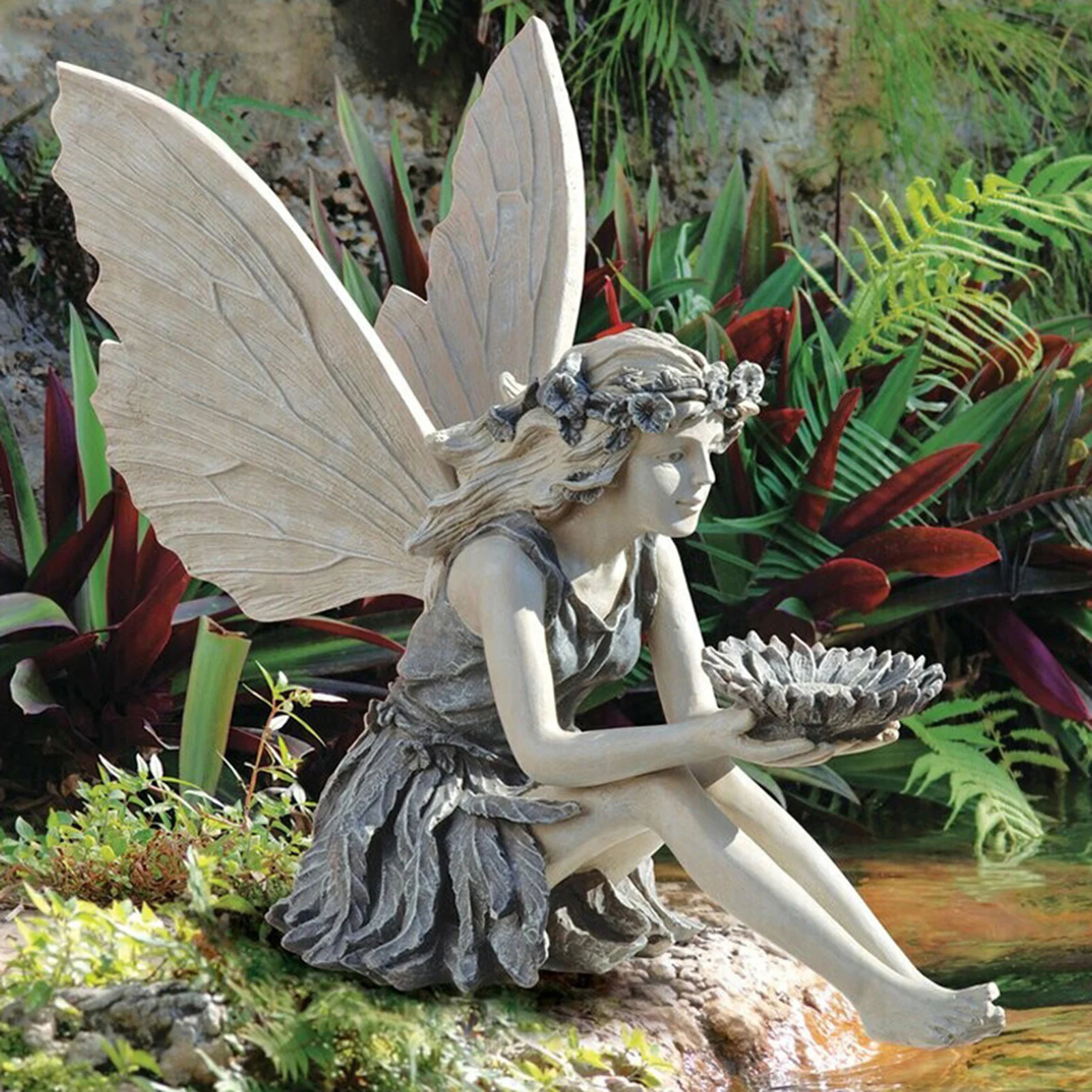 

Garden Art Bird Feeder Resin Sunflower Fairy Statue Angel Fairy Sculpture Ornaments Outdoor Anti-UV Two-color Stone Decoration