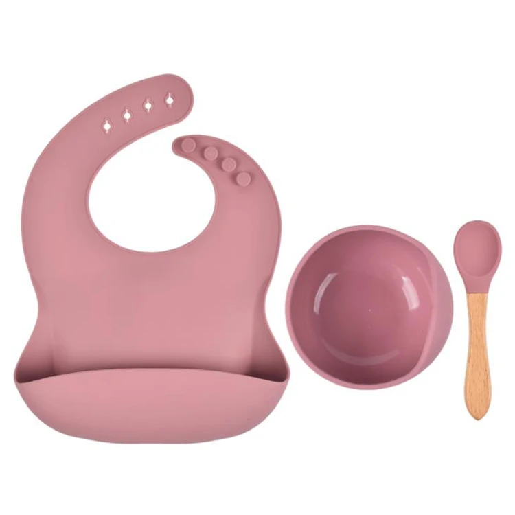 

Silicone Baby Feeding 3 Piece Set Baby Bib Bowl Spoon Silicone Feeding Set for Baby, 28 kinds of color