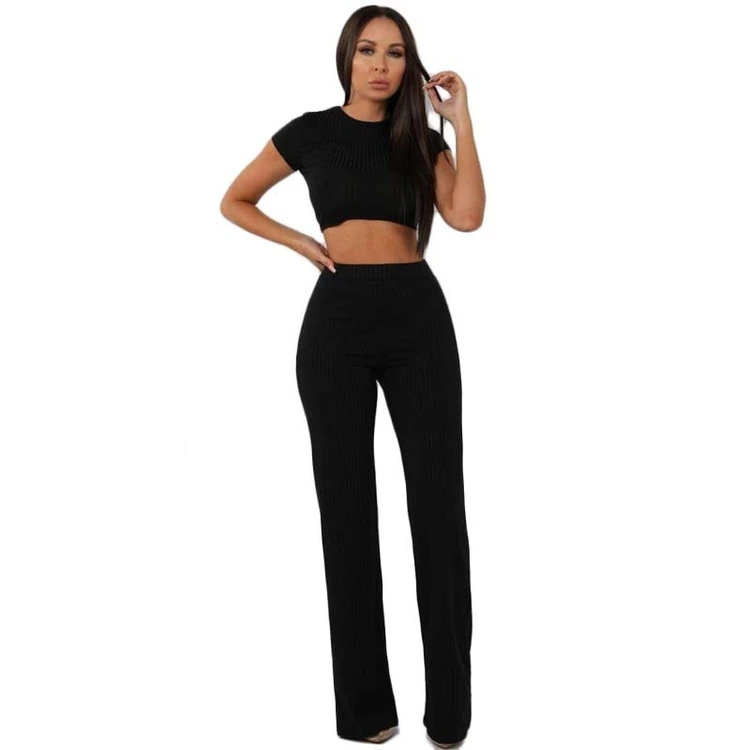 

Women clothing 5 colors crop top with wide leg pants knitted two piece outfit 2 pieces set