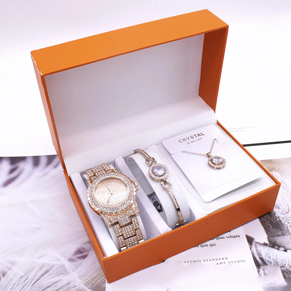 

2022 New Necklace Bracelet Watch Box Foreign Trade Watch Ladies Fashion Casual Diamond Wrist Watch Set, Picture shows