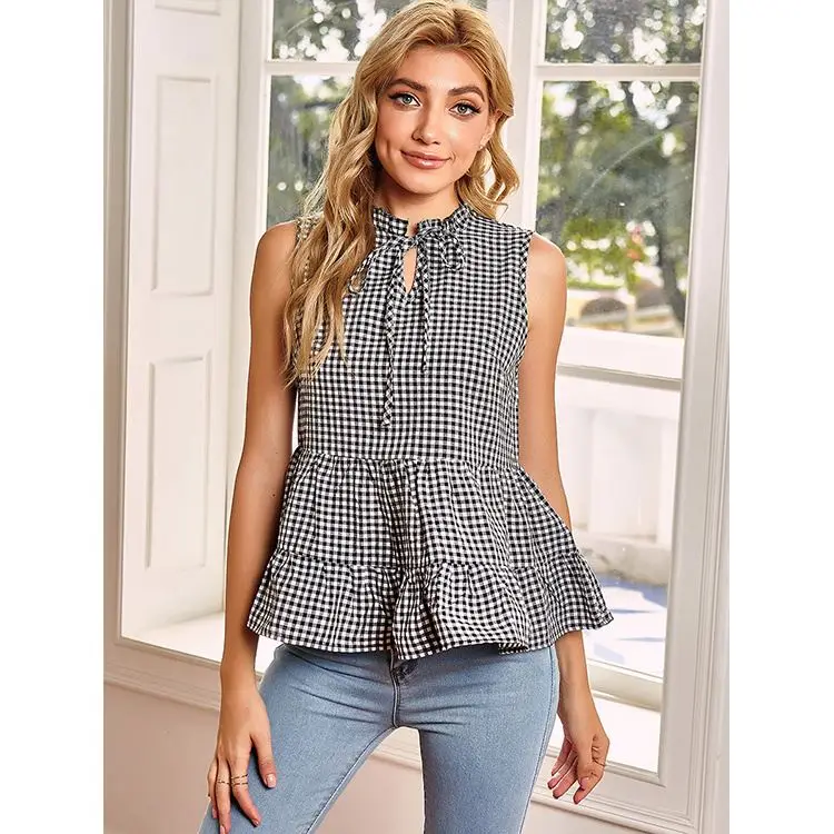 

PEARL chemise femme 2021 Sleeveless Summer Casual Plaid Shirts For Women Tops Ladies Blouse