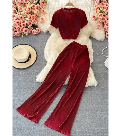

New Spring Fall Casual women 2-pieces set Lounge Wear two pice linen crop top wide legs set Women Clothing