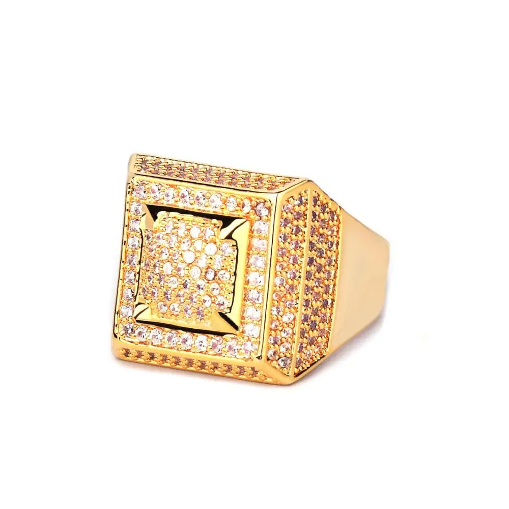 

2020 Hip Hop Men's 18K Copper Plated Gold Micro Set Zircon Square Ring