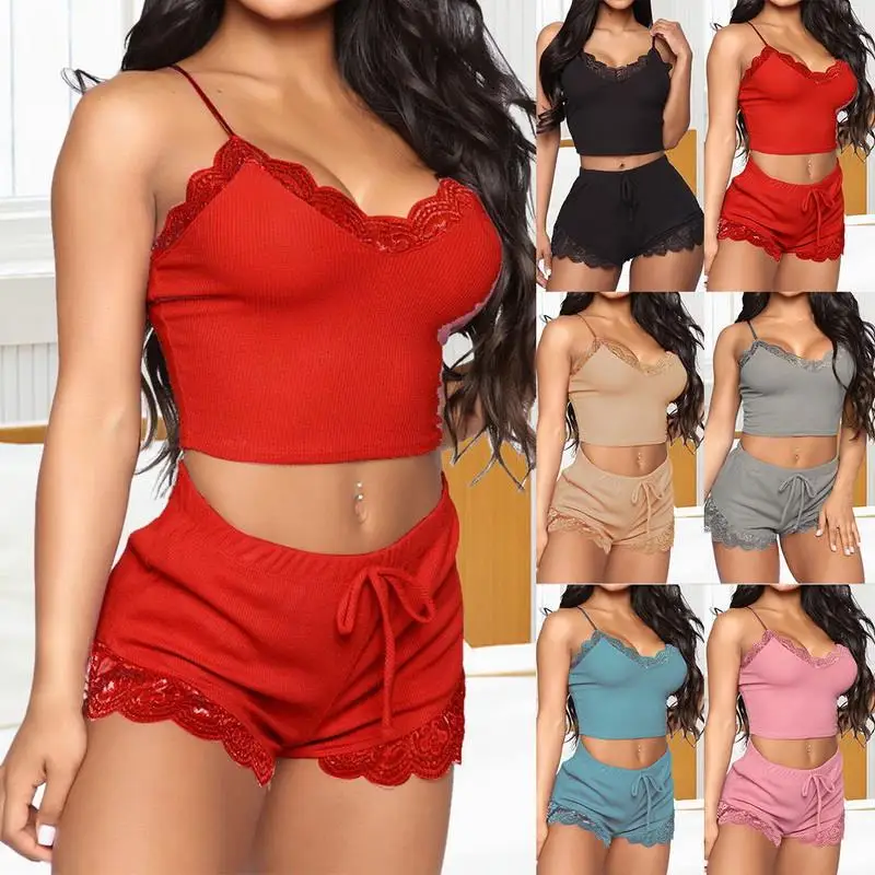 

2021 new arrive Women's Pajama Set Nightwear Sleepwear V-Neck Satin Sets Shorts Sexy Lingerie two piece set, Picture shows