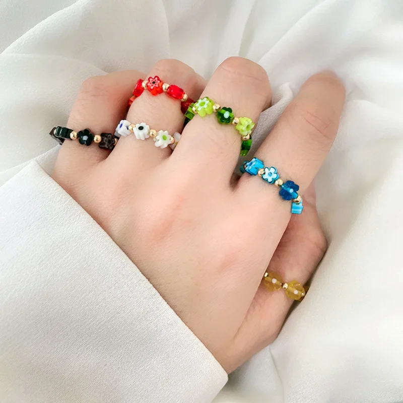 

OUYE 2021 Colorful Acrylic Ring handmade elastic  Chain INS beaded flowers beads hand woven Rings For Women Girls Gift