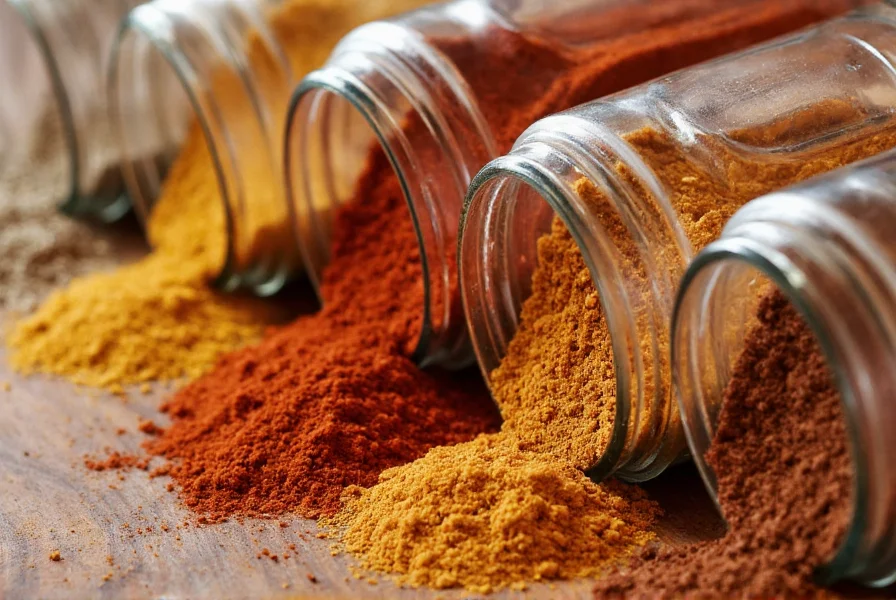 Close-up of various spice jars including cumin, chili powder, and garam masala arranged on wooden surface