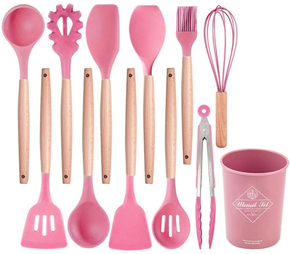 

12PCS Kitchen Utensil Set Silicone Cooking Utensils Kit Spatula Heat Resistant Wooden Spoons Gadgets Tool, Pink