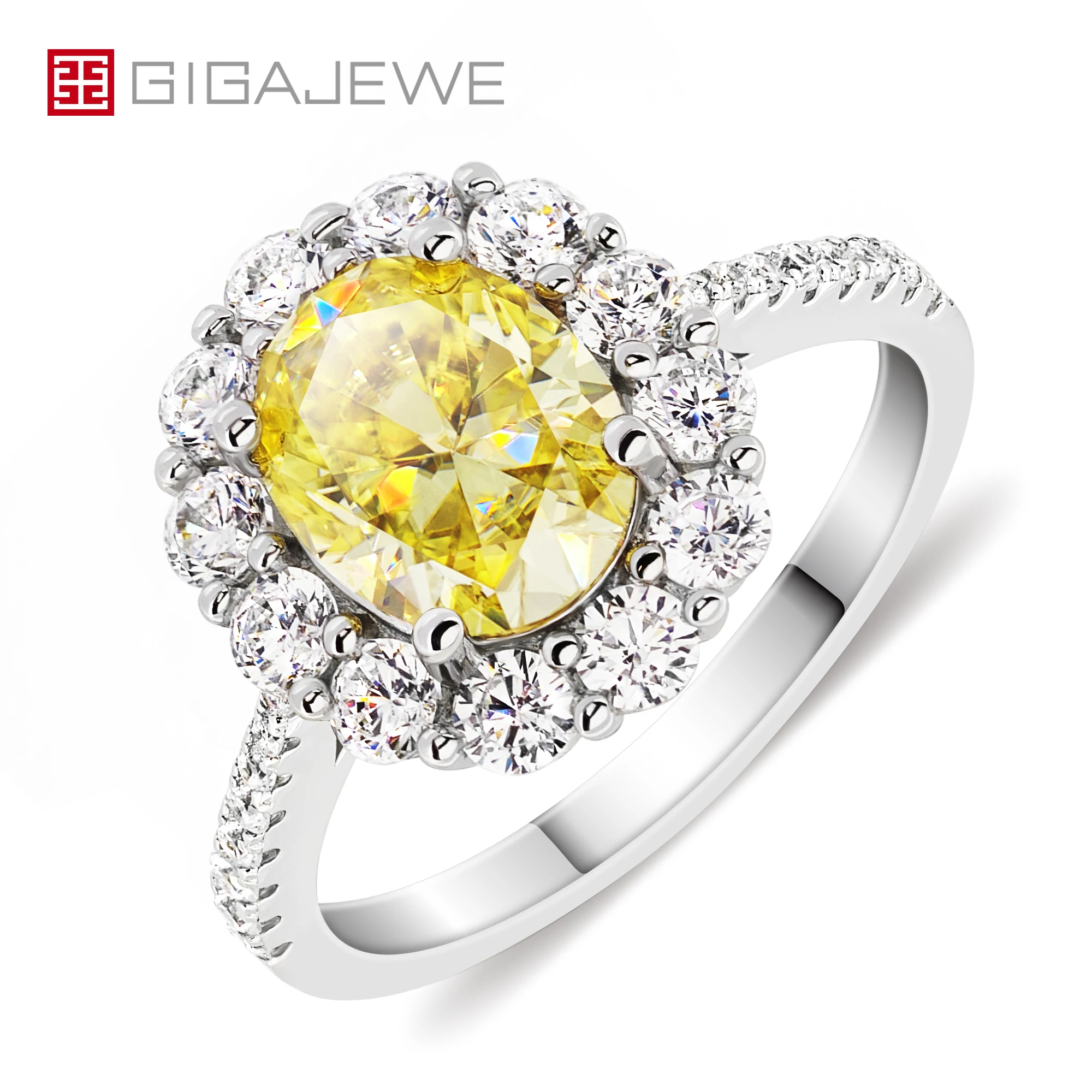 

GIGAJEWE 2.0ct 7X9mm Crushed Ice Oval Cut Moissanite Vivid Yellow Color 9K/14K/18K White Gold Ring , Wedding Engagement Ring
