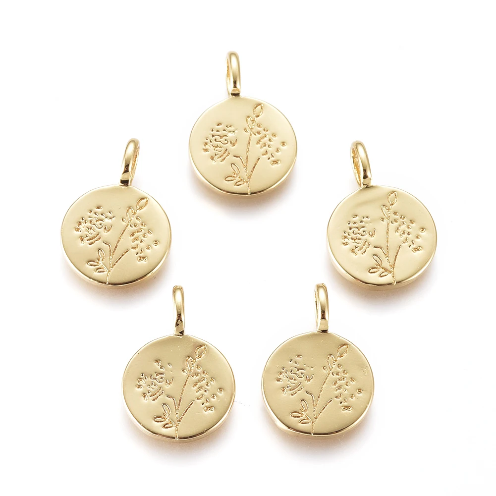 

Pandahall Flower Flat Round Golden Brass Pendants, Gold