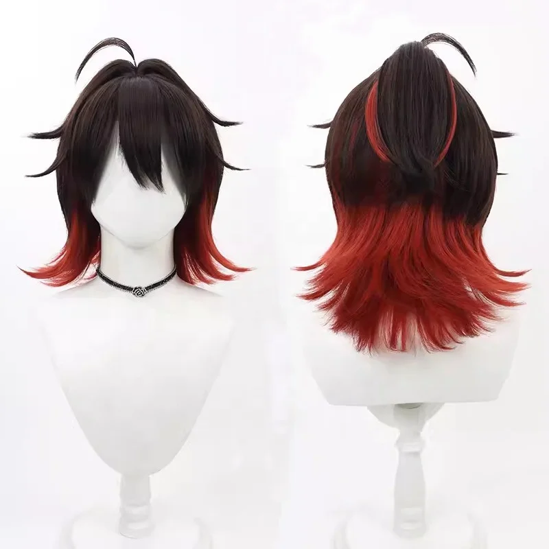 Wholesale Gaming Wig Cosplay 35cm Short Black&Red Mixed Genshin Impact Anime Hair Synthetic Cosplay Wig With One Ponytail