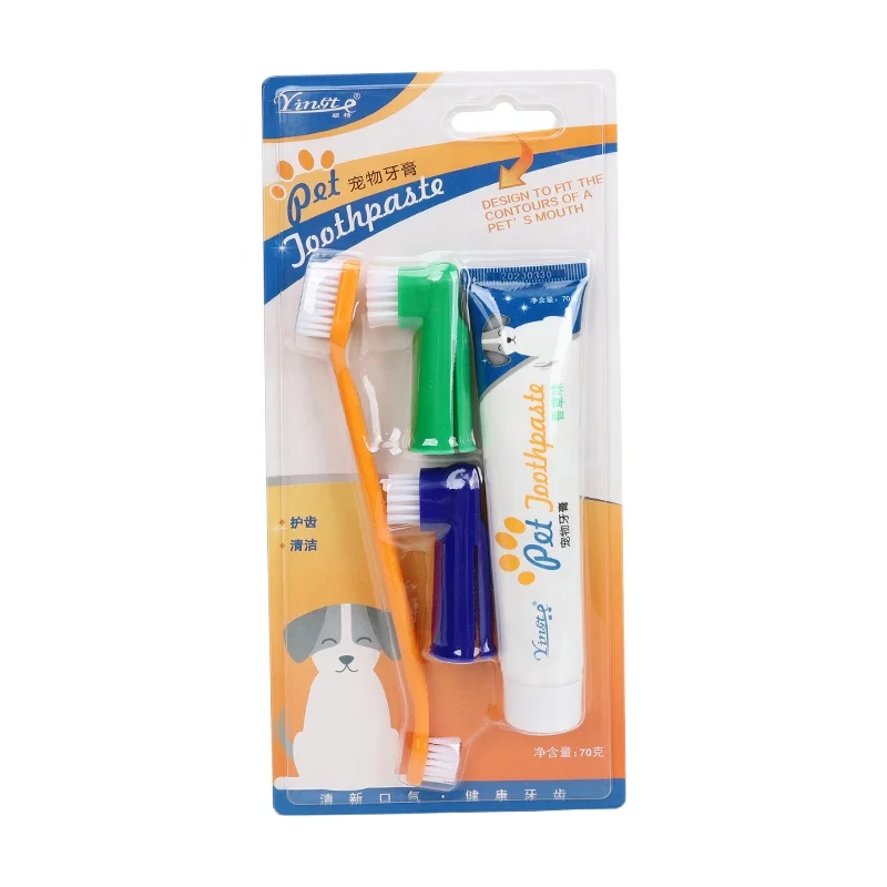 

Factory Wholesale Blister Card Packaging 4 In 1 Cat Dog Toothpaste And Toothbrush Set For Pet