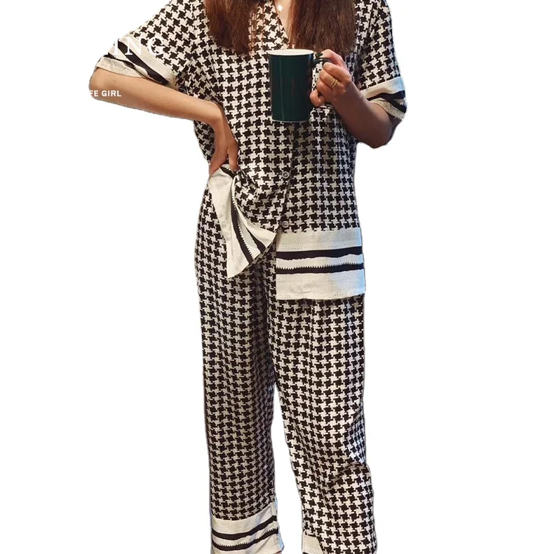 

Women's spring and summer short sleeve trousers suit Ice Silk artificial silk home wear houndstooth silk pajamas