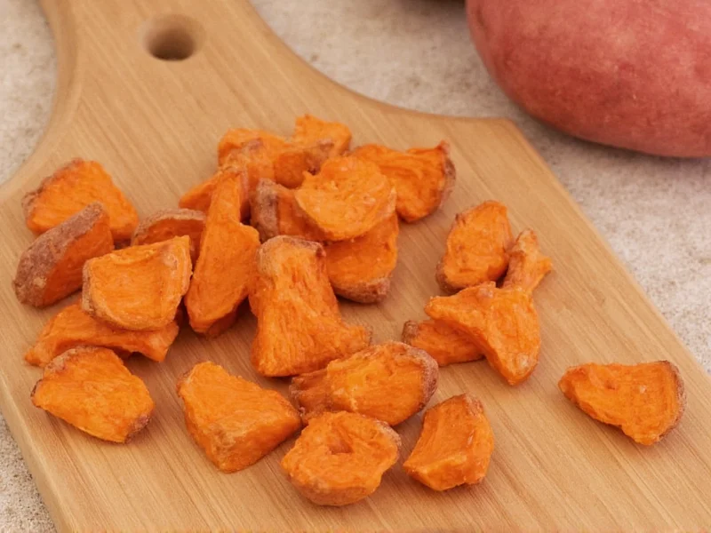 Dehydrated sweet potato dog chews on wooden board