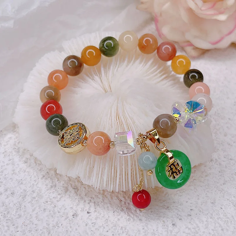 

2021 Retro Natural Stone Golden Silk Jade Colorful Round Beads Bulk Women Jewelry Bracelets, As a picture