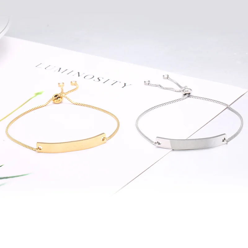 

Adjustable Women CUSTOM LOGO Laserable ID Stainless Steel Black Bar Charms Jewelry Box Chain Bracelet For Women Lady, Silver,gold,rose gold