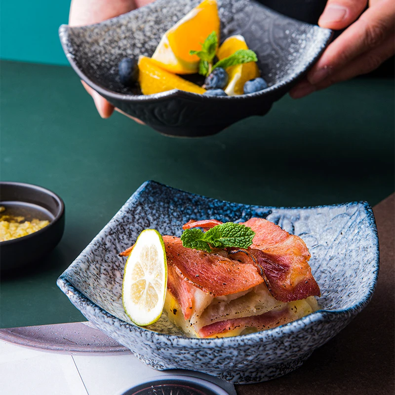 

6" Japanese Style Restaurant Dinning Under Glazed Tree Bark Shaped Stoneware Printed Ceramic Serving Bowls