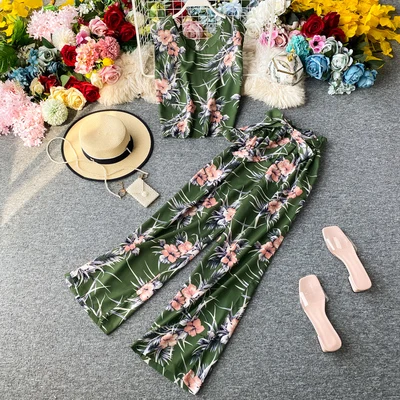 

2020 Summer Printed Sleeveless Tops Wide Leg Pants Two Piece Set Women Clothing