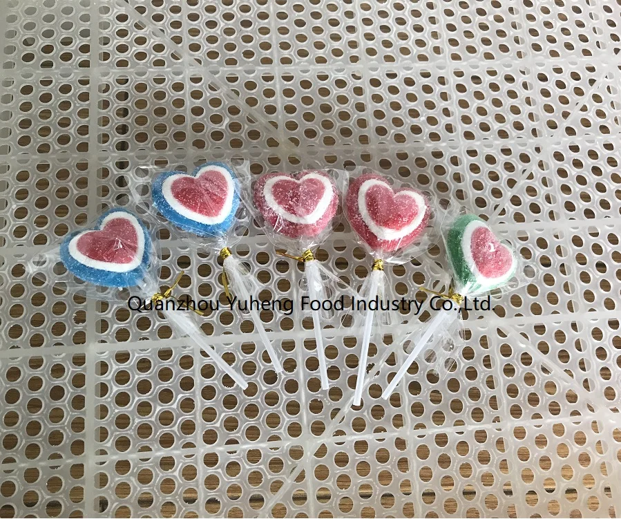 Halal Sugar Coated Love Heart Shaped Soft Gummy Jelly Pop Lollipop