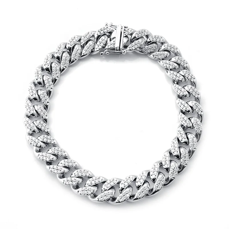 

Very cool Hiphop Cuban chain bracelet in 14k white gold with melee moissanite for men