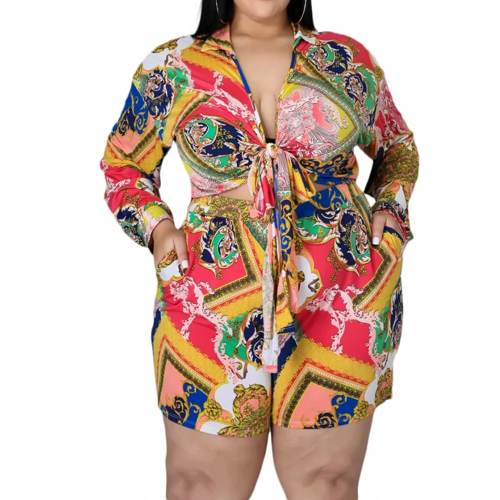 

Plus size women clothing Print Long Sleeve Blouse and Shorts two piece set women's clothing fashion