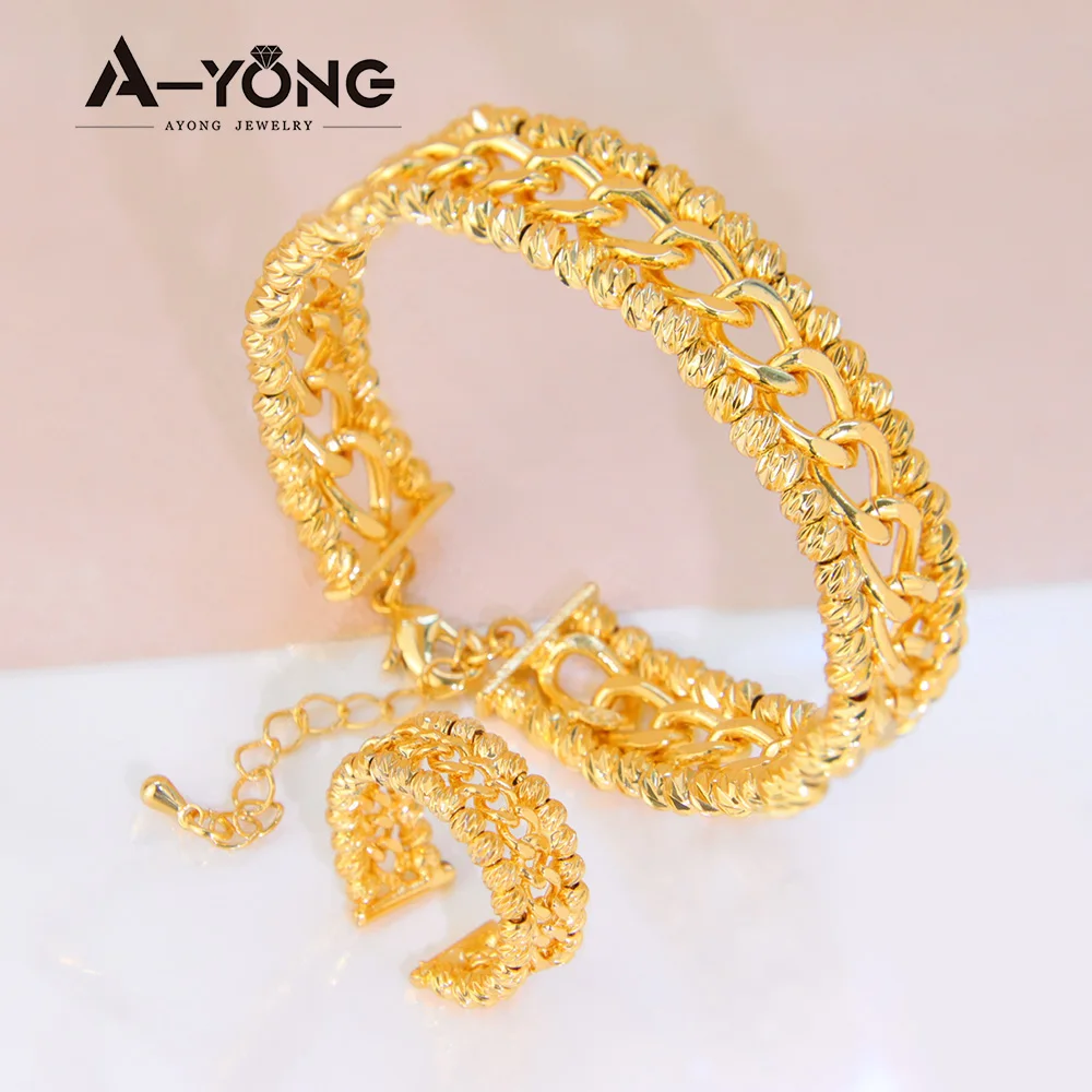 

In Stock Ayong Jewelry Brass Twisted Bangle Adjustable Gold Plated Bracelet Ring Set for Women