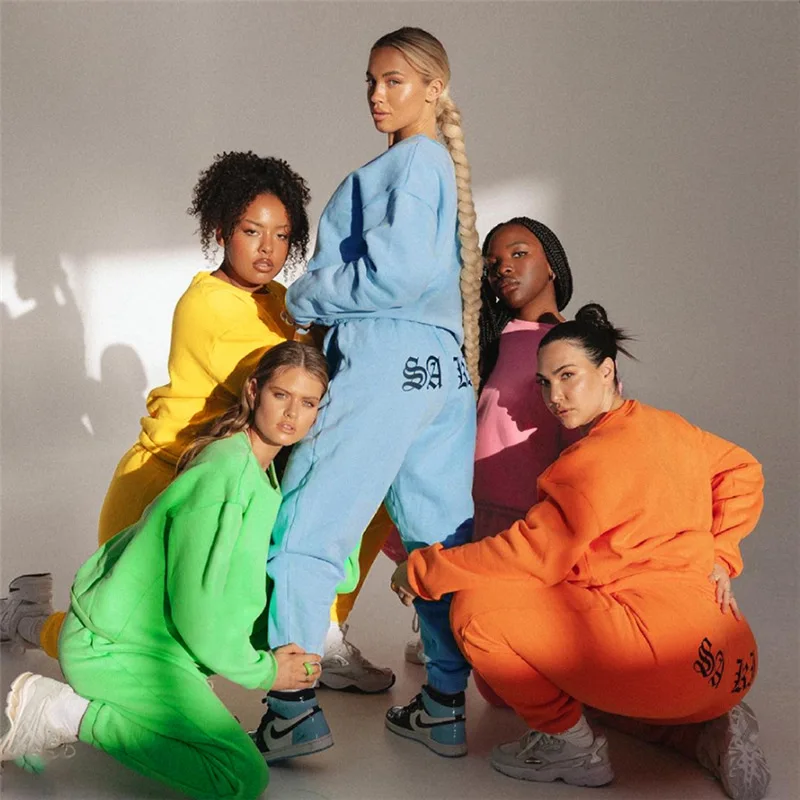 

fall winter 2021 women clothes custom workout jogger sweatsuit streetwear sweatpants and sweatshirt two piece pants set, Blue,pink,yellow,green,orange