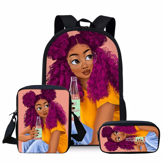 

2021 Back To School Backpack Kids Bag African American Black Art Girls Schoolbag Mochila 3Pcs set School Bags for Girls, Customized