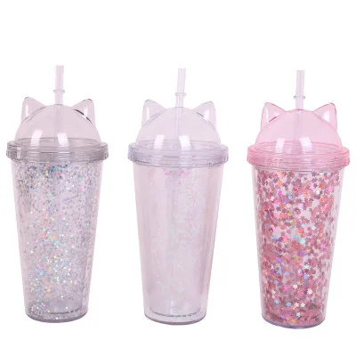 

O269 Creative Twinkl Cartoon Sequins Cups Double Layer Wall Coffee Tea Drink Mugs Cat Ear Disposable Plastic Straw Cup, 3 colors