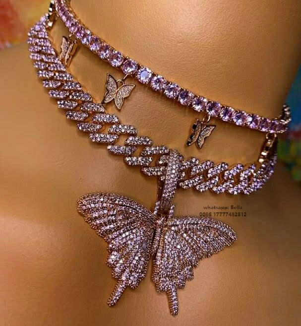 

FOXI Hiphop Fashion Jewelry Iced Out Pink Diamond Cz Butterfly Pendant Necklace Iced Out Diamond Crystal CZ Butterfly chain