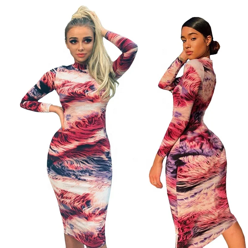 

Autumn Long Sleeve Trendy Bodycon Clothing Tie Dye Causal Fall Women Dresses, Colorful