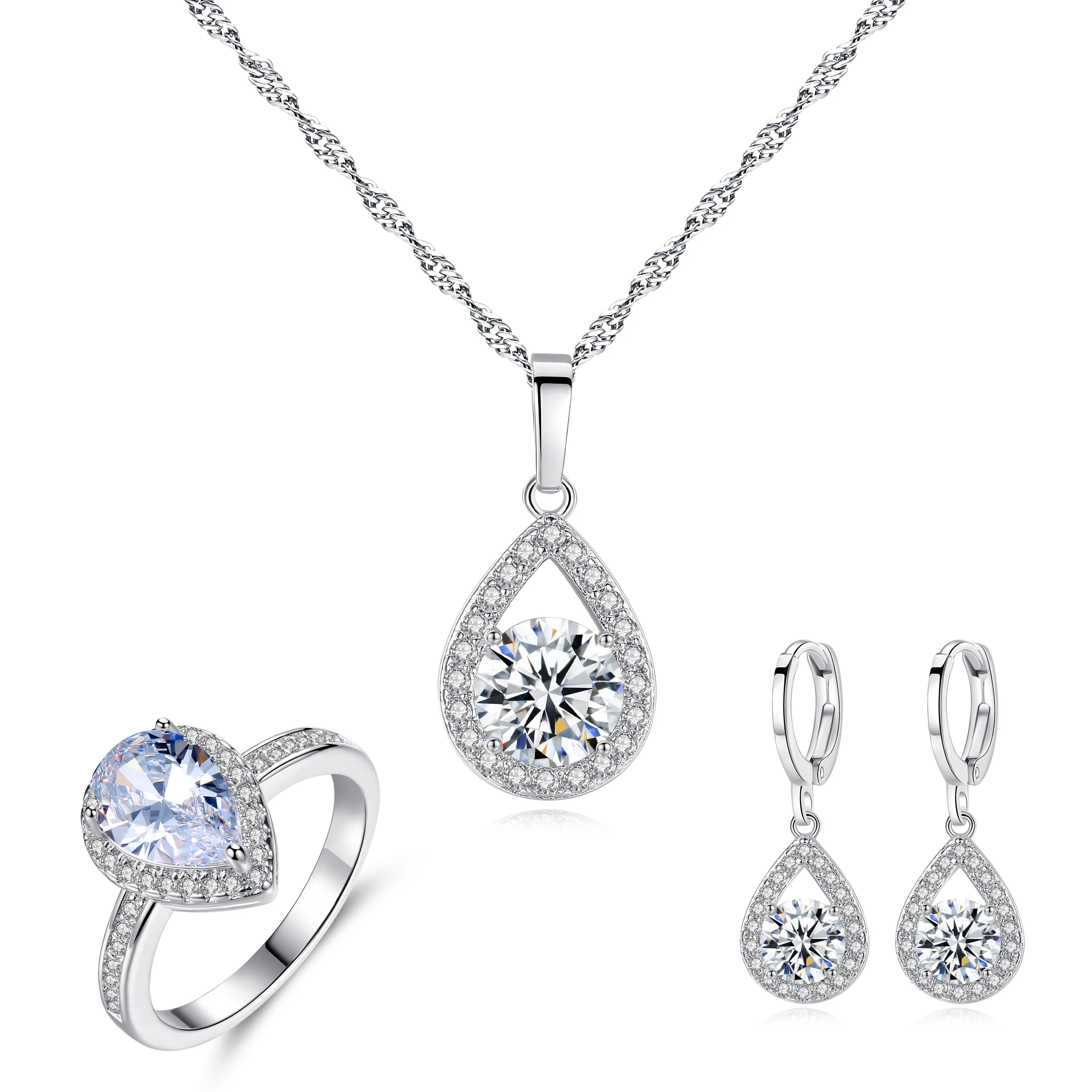 

Exquisite Ladies Jewelry Water Drop Zircon Necklace Ring Earrings Set Tear Drop Diamond Jewelry Set