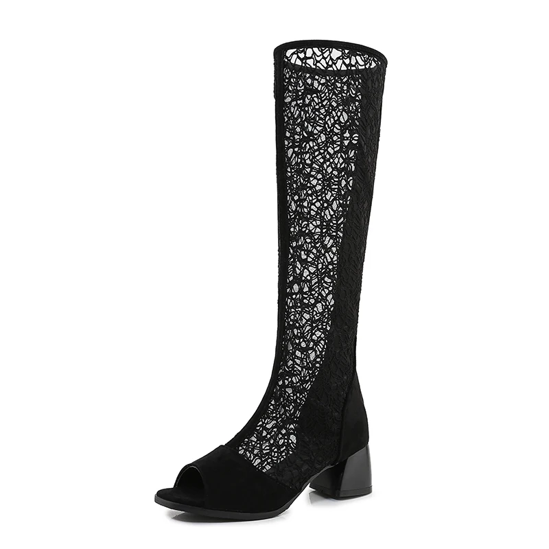 

Sexy PU Mesh Shoes Woman Open Toe Zipper Shoes Woman White Boots Summer, Black
