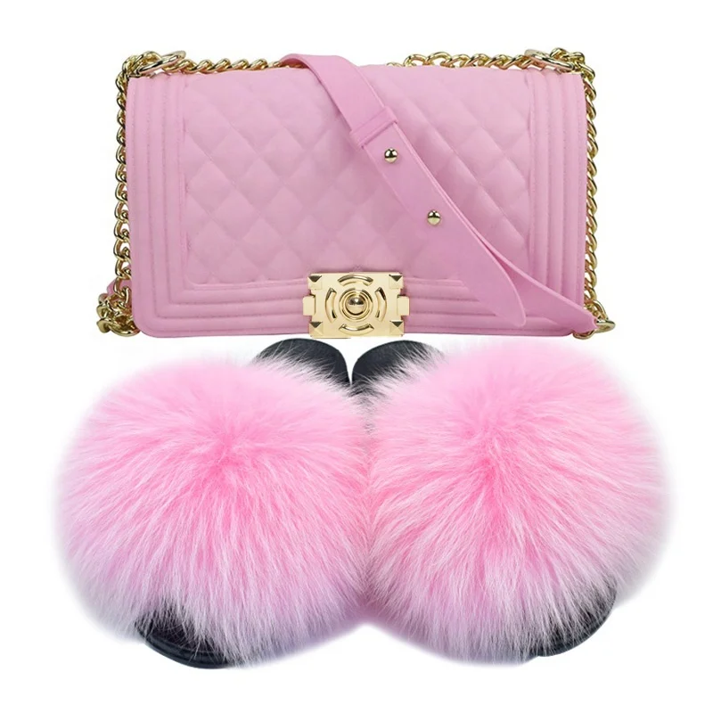 

Purse and slippers Set Brand Designer Summer Shopping Crossbody PVC Purse And Handbags Furry Fox Fur Slides And Jelly Purses Set, Accept customizable color