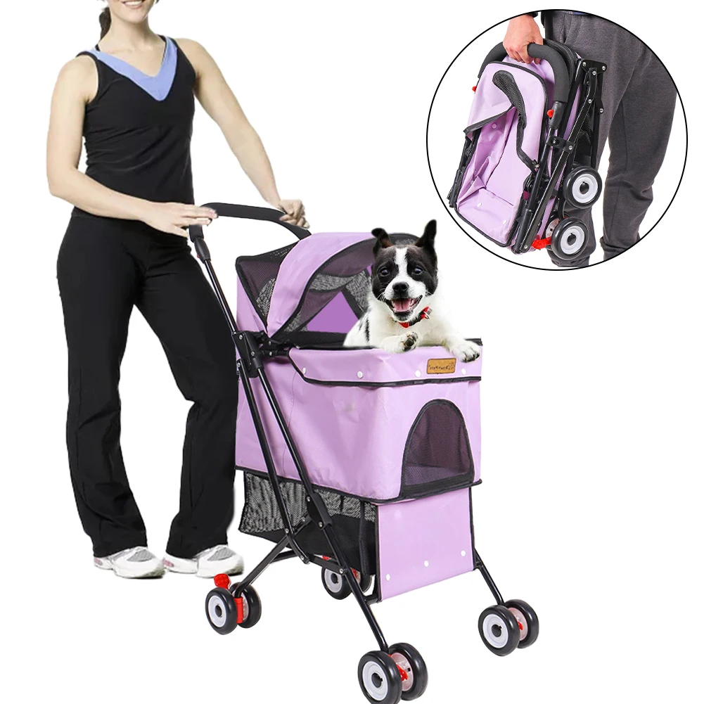 

Outdoor Pet Cart Dog Cat Carrier Pet Stroller Multicolor Oxford Cloth Steel Pipe High-intensity 3-wheels One-key Folding, Blue, purple