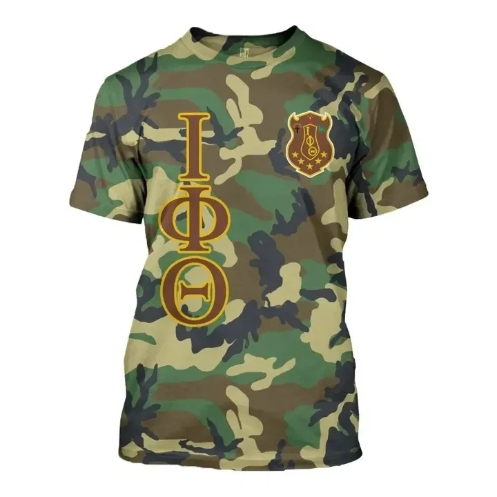 

Fashion Camouflage Design Men Casual Short Sleeve T-shirt Custom Iota Phi Theta Sorority Logo 1 MOQ Cheap Polyester Shirt