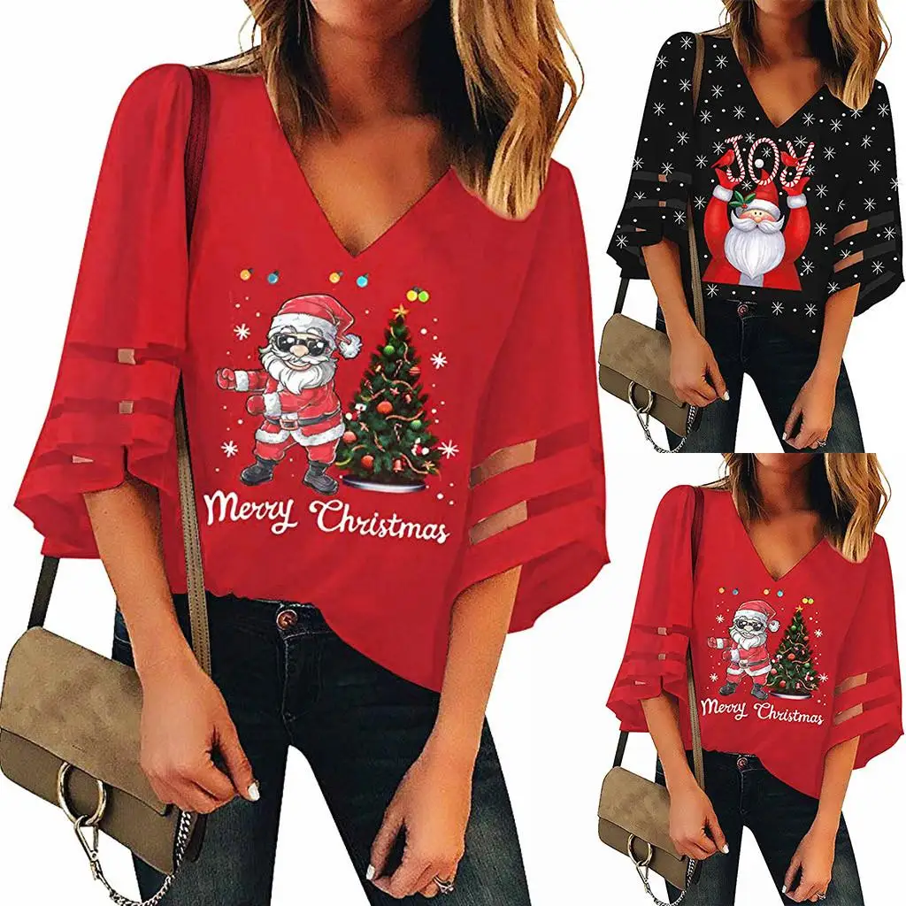 

Women Shirt Women Tops Christmas New Black Red V-Neck Mesh Top Trumpet Sleeves Loose Blouse Free Ship Z4