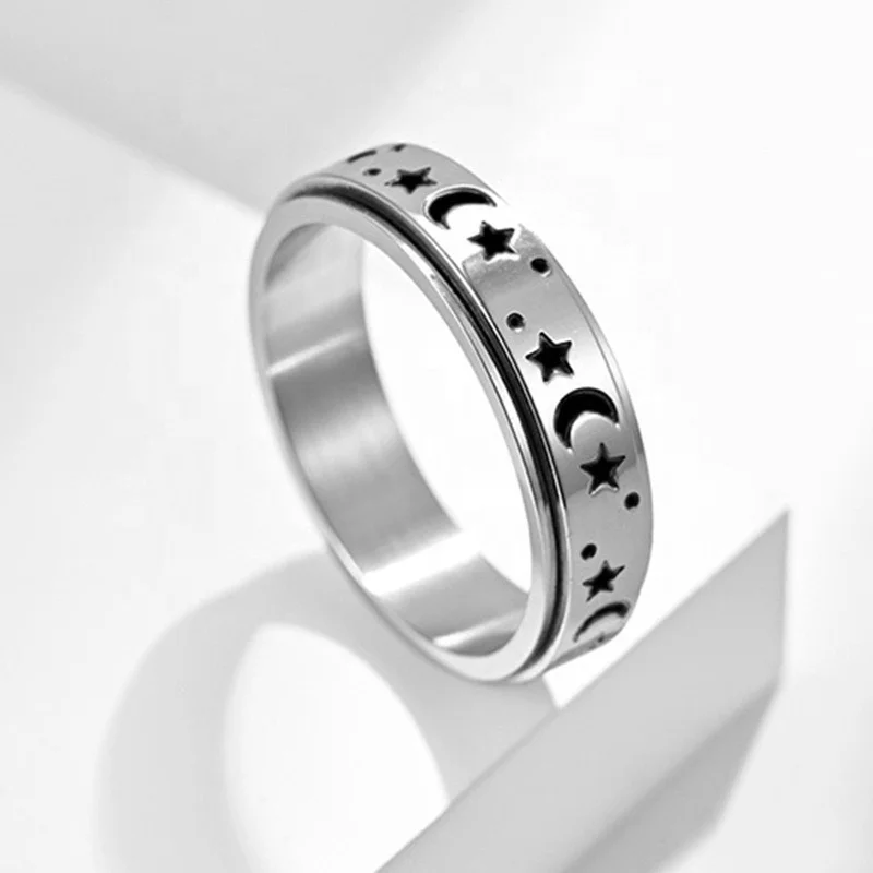 

Boho Handmade Stress Relieving Moon Star Spinner Band Ring Jewelry Gifts for Men Women, Picture shows