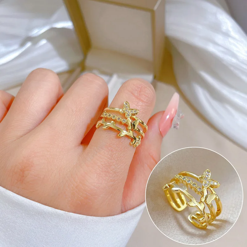 

Trendy Zircon Open Rings Brass Gold Plated Butterfly Adjustable Finger Ring Jewelry