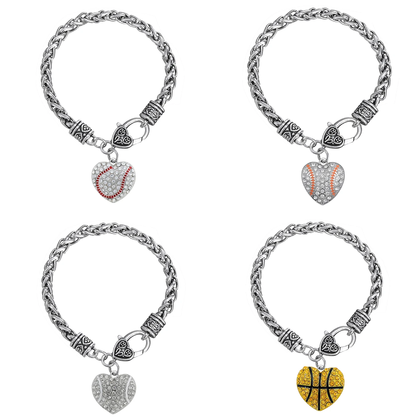 

Lead Free Clear Crystal Heart Shaped Baseball Silvertone Charm Bracelets For Sports Lover