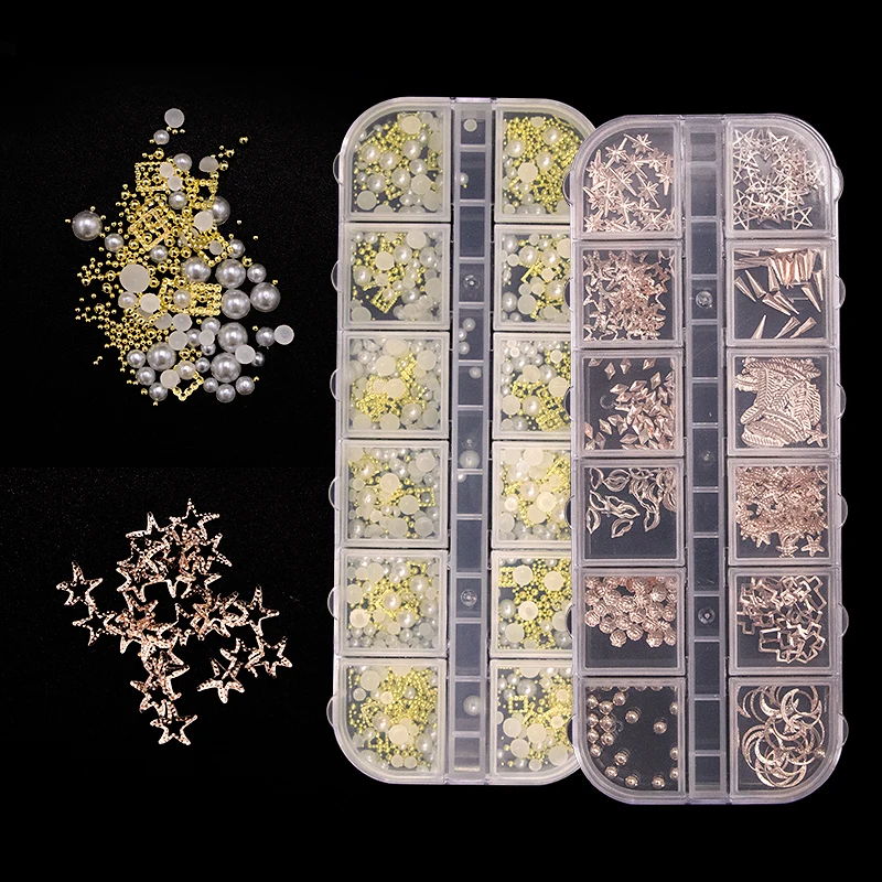 

12grid Nail Art metal rivet rhinestones for nails decoration stone manicure tools accessories gold color NAR016