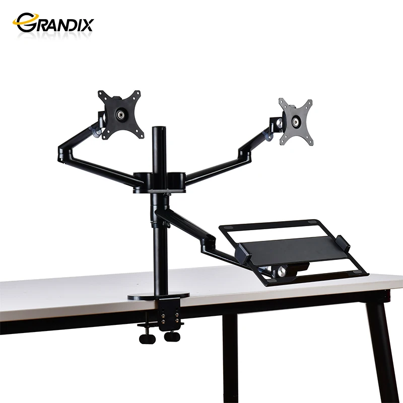 

Aluminum working station dual monitor stand adjustable laptop arm clamp desk, Silver/black